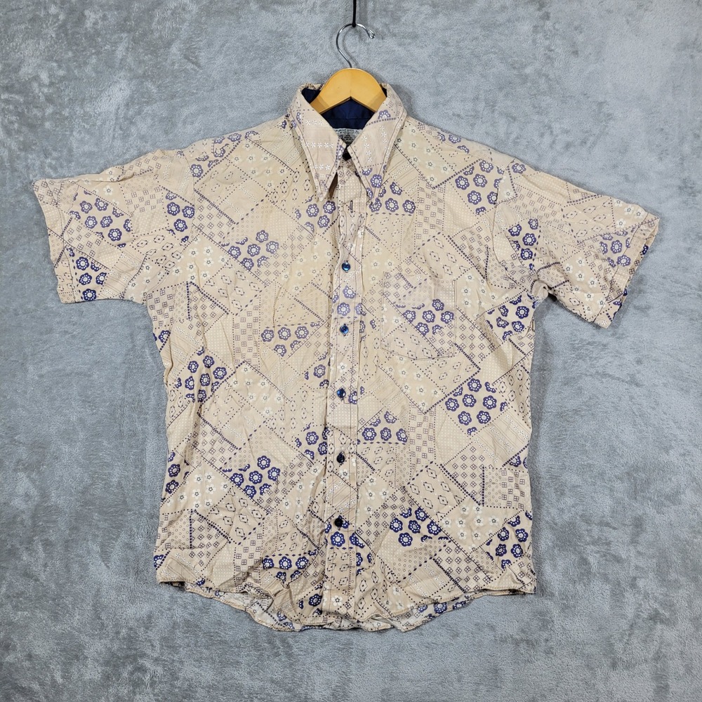 Vtg Kmart Shirt Mens XL 17-17.5 Tan Purple Bandana Patchwork Button Up Disco 70s